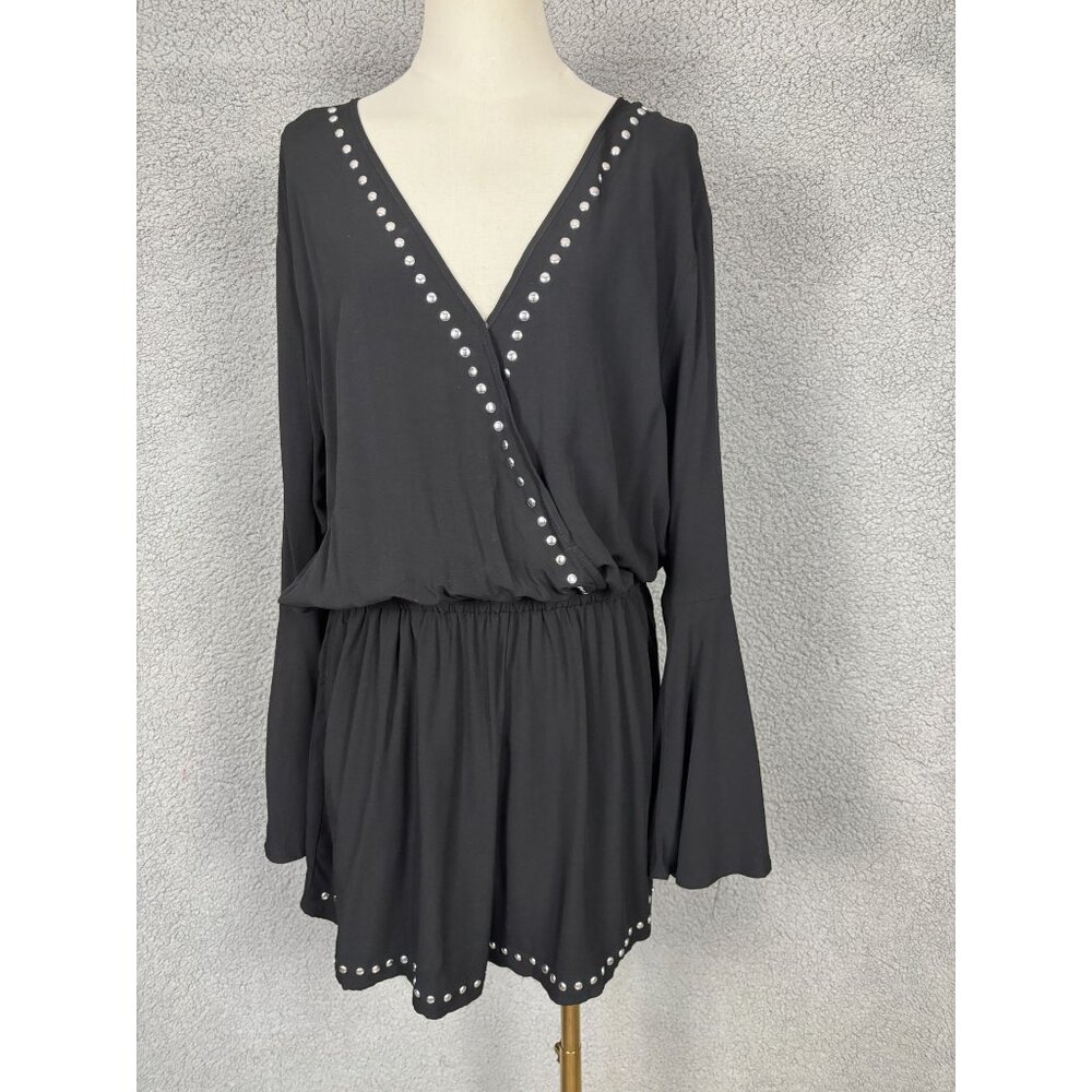 Bar III Women's Black & Silver Studded Long Sleeve Romper Cover Up Size XL NWT's